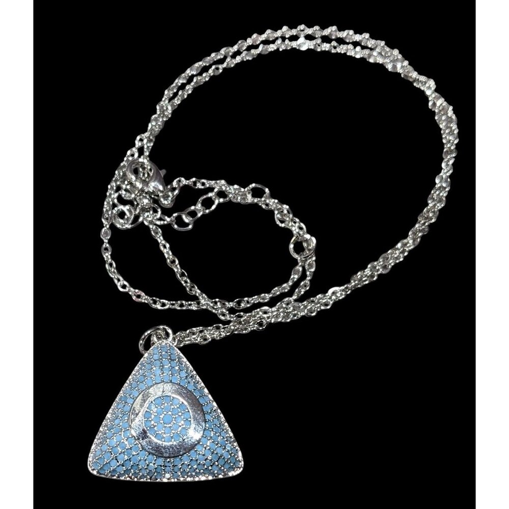 Blue And Silver Tone Pave Stone Triangle Pendant Necklace